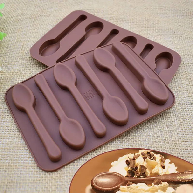 6 Holes Spoon Shape Chocolate Molds Non-stick Silicone DIY Cake Decoration Molds Jelly Ice Baking Mould 3D Candy Mold Tools DBC BH3775