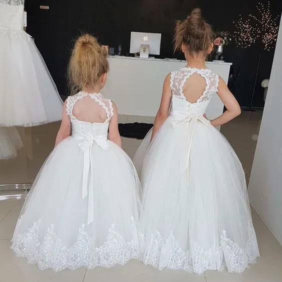 Newest Flower Girl Dresses A Line Sheer Crew Neck Sleeveless Lace Appliques Floor Length Girls Wedding Party Dress Little Bride From 80 77 DHgate