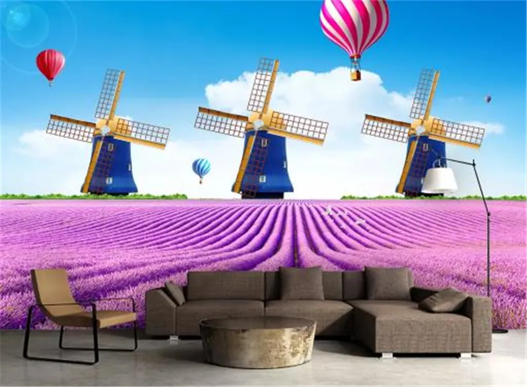 3D papel de parede flor de lavanda marinha holandês windmill wallpaper 3d na parede fundo de tv de parede decoração parede mural papel de parede