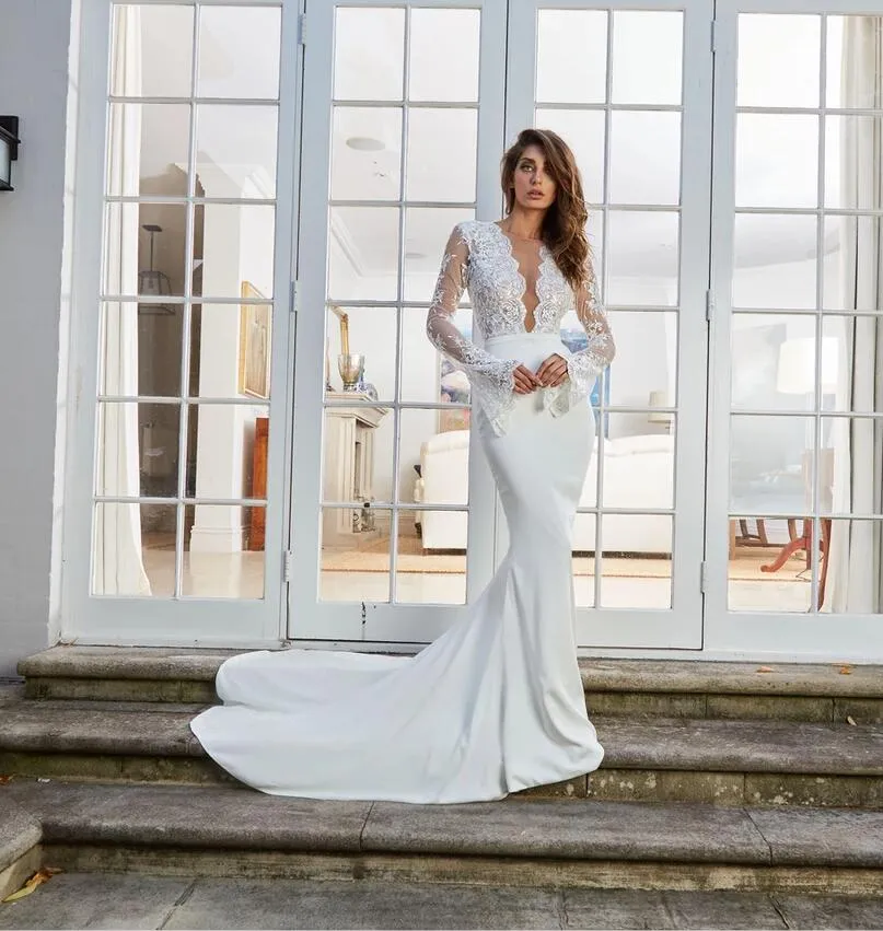 chinese dress ladies Beaded Floral Lace Wedding Dresses Illusion Long Sleeves 2020   loveangeldress