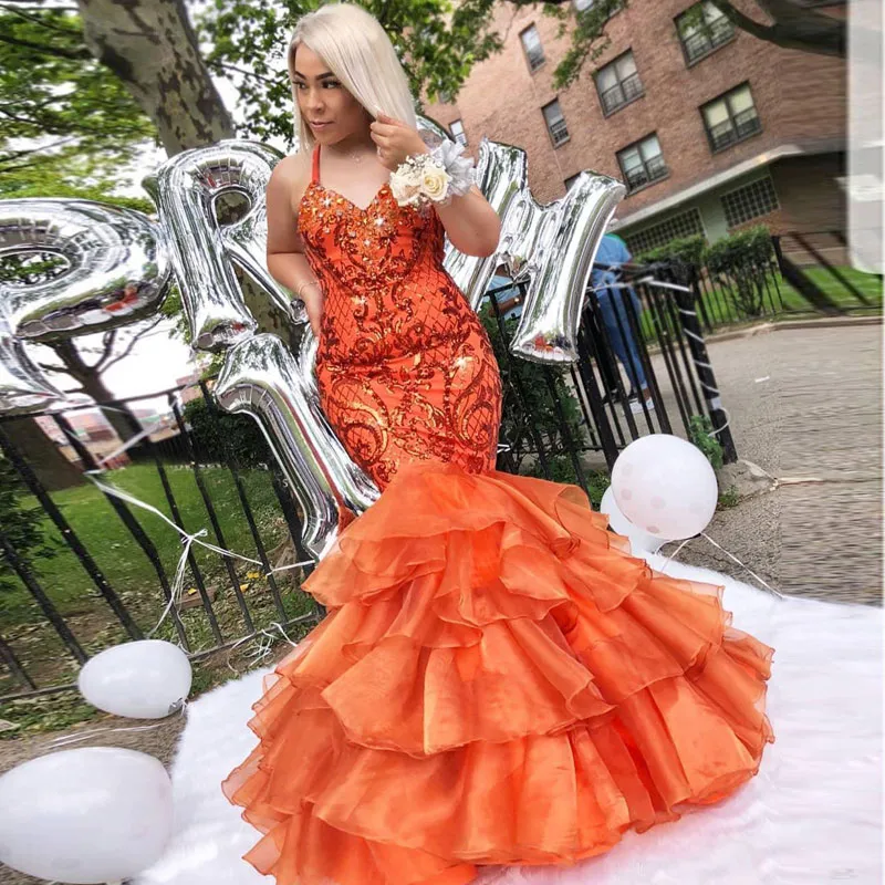 Oranje zwart meisje zeemeermin prom jurken lange kralen halter nek plus size avondjurken lovertjes vloer lengte tiered kant formele jurk