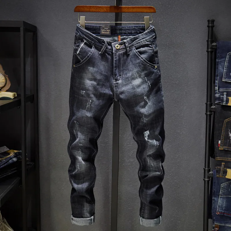 2019 Hip Hop printemps automne déchiré pour hommes solide coton pleine longueur mi noir couleur vente haut à la mode hommes jean marque Robin