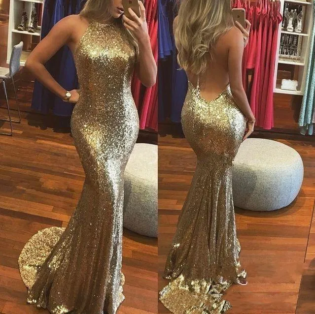 sachin and babi light blue dress Gold Backless V-neck Halter Long Plus Size Prom Dress main image 1