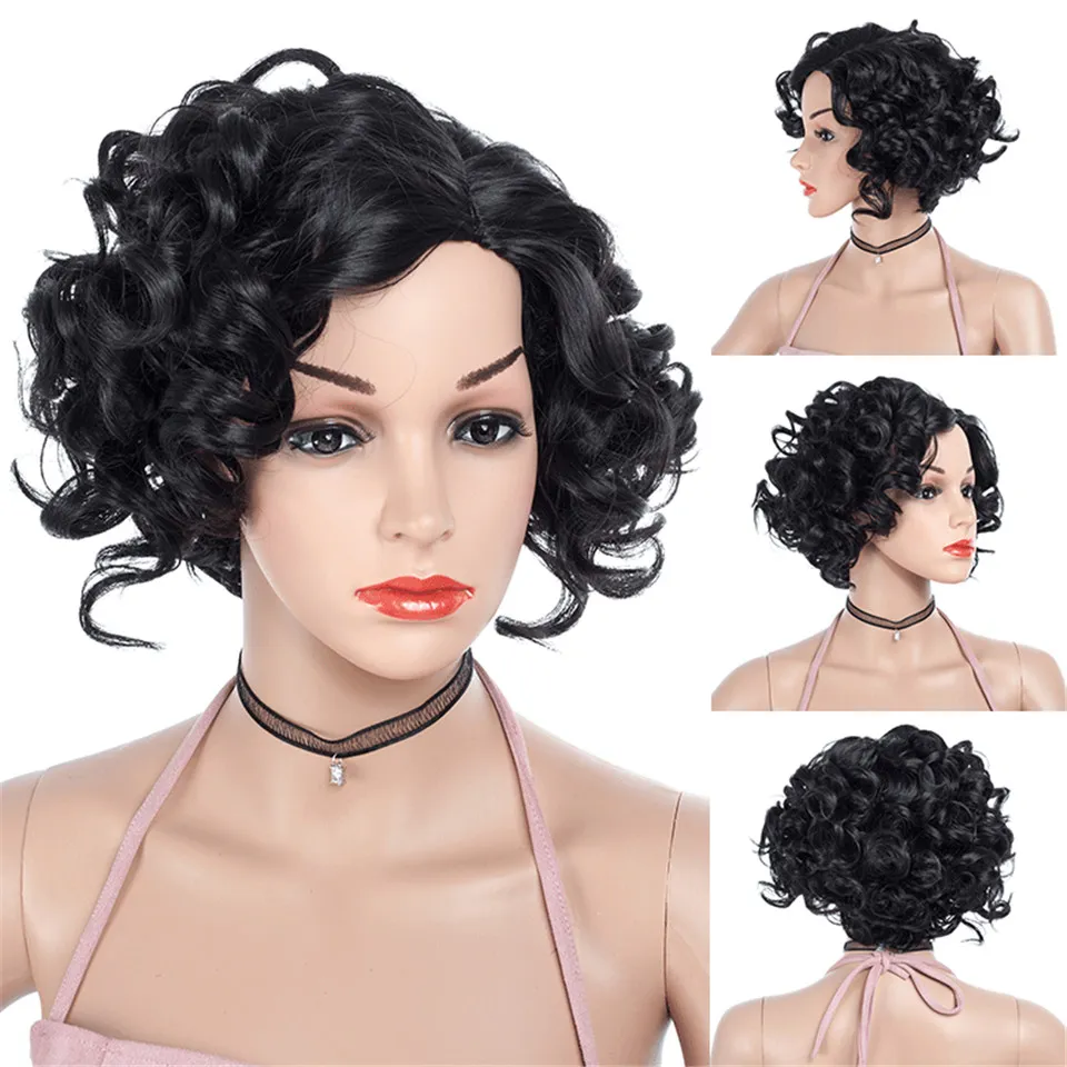 Short Curly Wig Black Brown Hair Wig For Women Afro Synthetic Bob Wigs with Side Part Cosplay Party