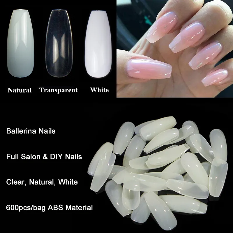 Full Cover Ballerina Coffin Nail Art Tips Transparent Natural Flat