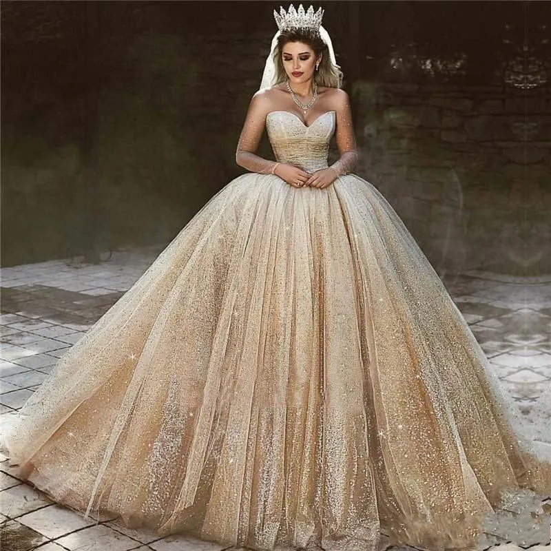 Luxe Arabisch Gouden Trouwjurken 2019 Pailletten Plus Size Baljurk Koninklijke Trouwjurk Sweetheart Bead Sparkly Princess Bruidsjurken