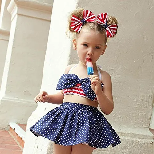 Ins Summer Baby Girls Clothes Set Kids Halter Bowknot Crop Tops + Stars Skirt Shorts + Barrette Girl Children Outfit Set 14805