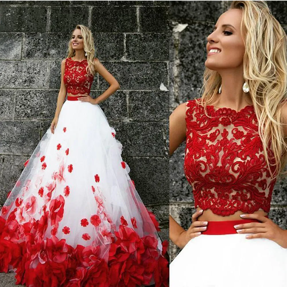 Red and white on sale two piece prom dress