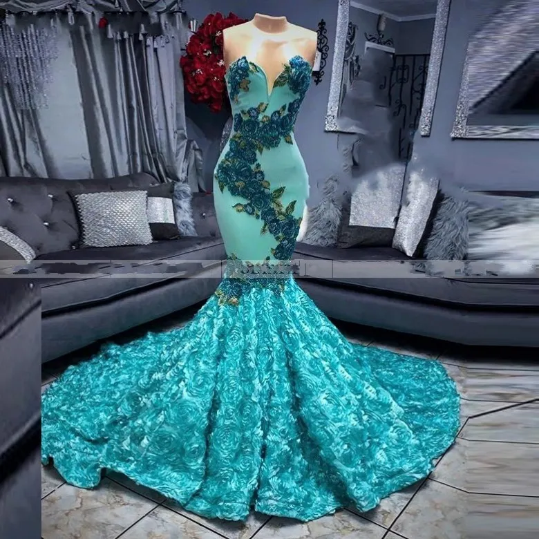 Azul Turquesa 3D Flores Negras Vestidos De Baile De Chicas 2020 Africana Largo De Vestido De Graduación Más El Tamaño De Partido Formal De La Sirena Vestidos De 145,5 € DHgate