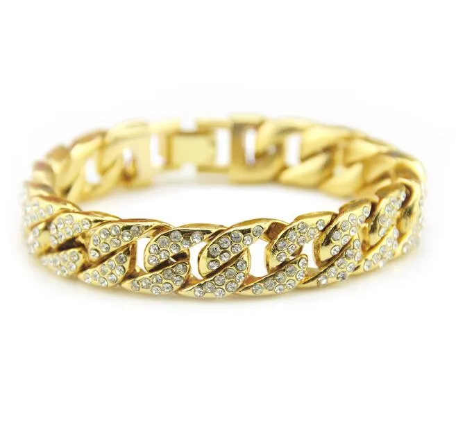 Новая мода человека Miami Cuban Link Change Silvery Gold Plated Полностью замороженный кристаллический браслет ожерелье из хип-хоп Bling 14mm * 20/24/6 / 30 дюймов