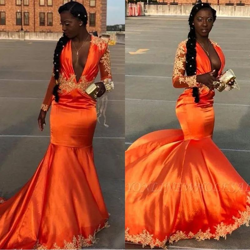 Africain Orange Manches Longues Noir Fille De Bal Robes Réfléchissantes 2022 Col En V Profond Appliques Sirène Dentelle Plus La Taille Robes De Soirée BC1058