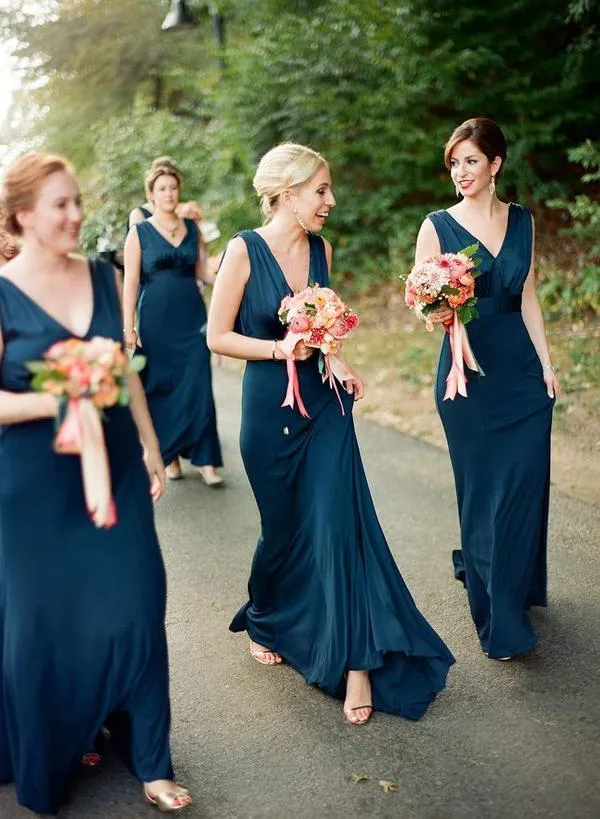 Robes de demoiselle d'honneur bleu sarcelle longs robe invitée de mariage country rustique V couche couche en satin Back Back de soirée Maid of Honor 2019