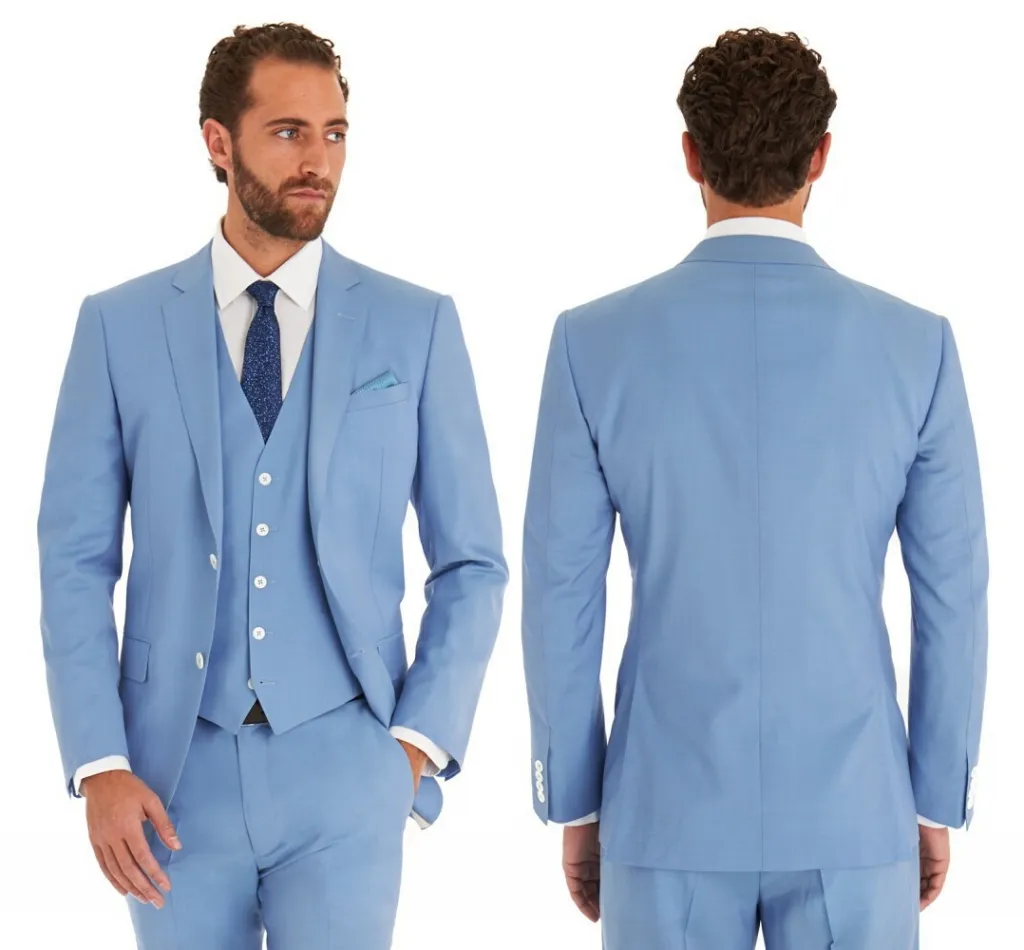 Trajes de boda azul cielo 2020 esmoquin ajustado para novio para hombre traje de padrino de boda de 3 piezas chaqueta Formal de negocios chaqueta