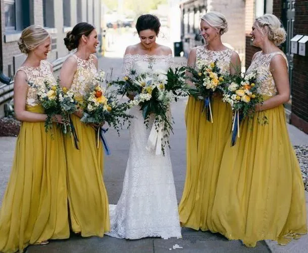 Elegant Daffodil Boho Chiffon Long Bridesmaid Dresses with White Lace Sleeveless Floor Length Maid of Honor Gowns Wedding Party Gowns