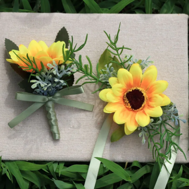 Artificial Silk Sunflowers Man Groom Botounniere Women Bride Wrist Corsage Wedding Flower Party Decoration