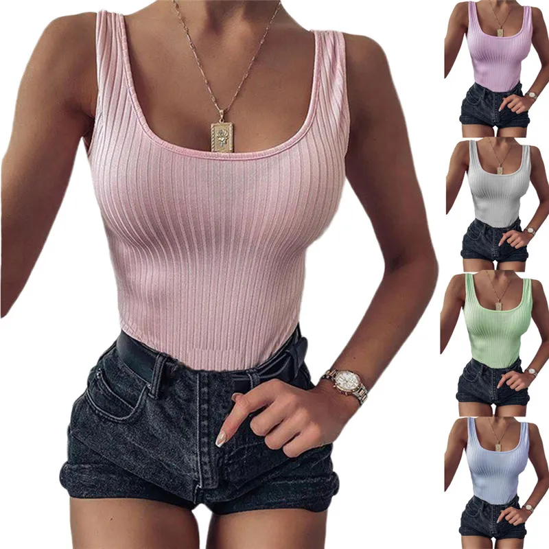 Summer Knitted Women Tank Tops New Pure Color Casual Slim Fit Tops Wear Female 2020 Leotard Stretch Short Vests Femme Hot Top