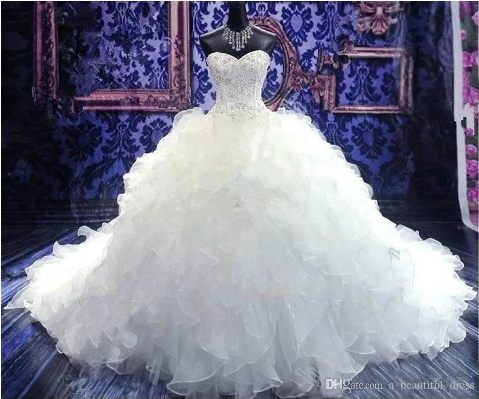 Free Shipping Any Size Princess Gown Corset Sweetheart Organza Ruffles Cathedral Train Bridal Gowns Luxury Beaded Ball Gown Wedding Dresses
