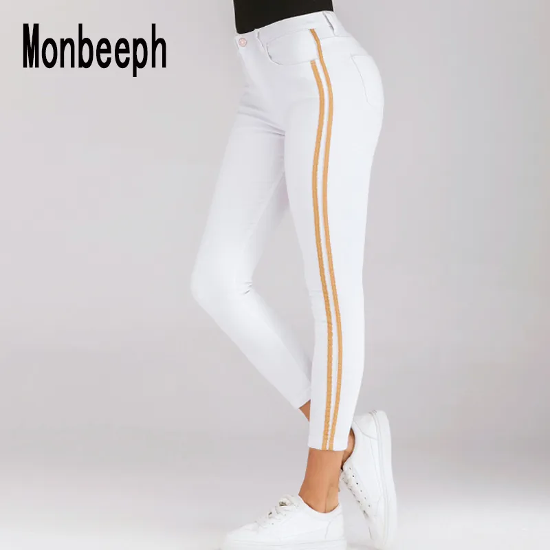 Monbeeph Jeans taille haute femme Patchwork à rayures latérales Jeans skinny tout assorti Pantalon décontracté Slim blanc slim
