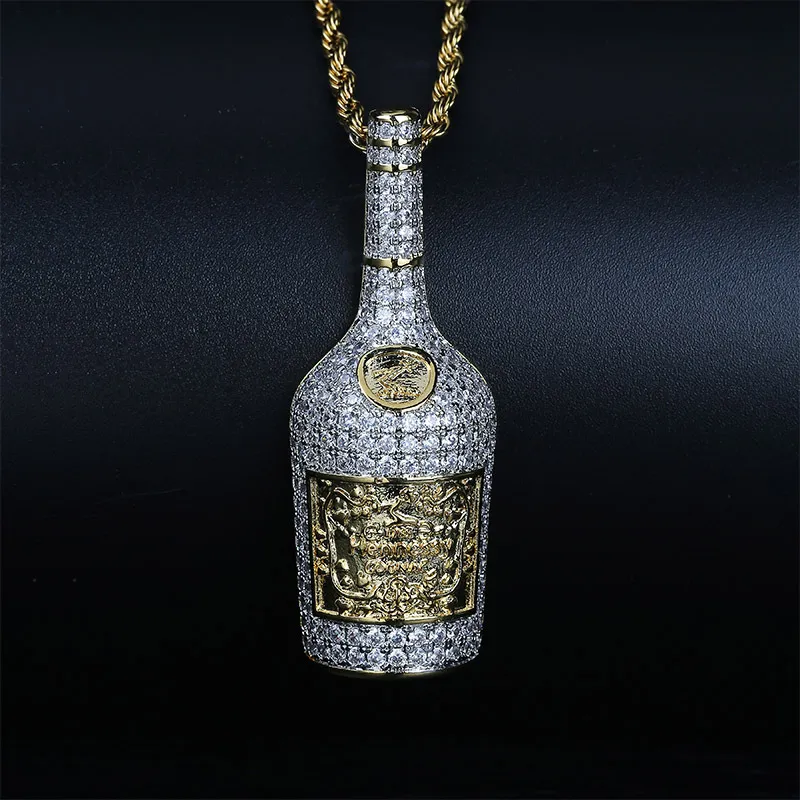 Hip Hop Mens 18K Gold Full Diamond Whisky Bottle Chain Necklace personalized Iced Out CZ Cubic Zirconia Jewelry Gifts for Guys for Guys