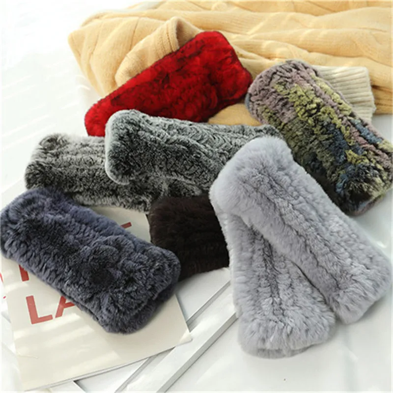 Guanti senza dita elasticizzati lavorati a maglia con guanti in vera pelliccia di coniglio invernale da donna di nuovo stile