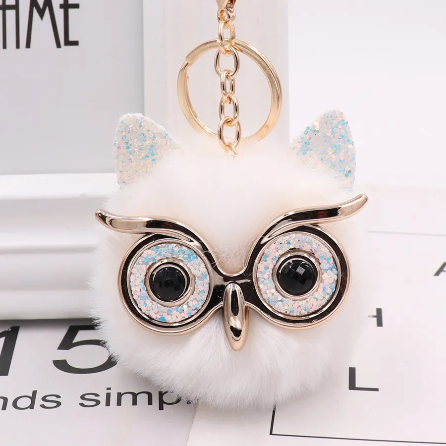 Cute Fashion Women Artigianato Gold Dust Owl Fur Cony Hair Ball Pom Pom Charm Car Keychain Borsa Portachiavi Ciondolo Portachiavi