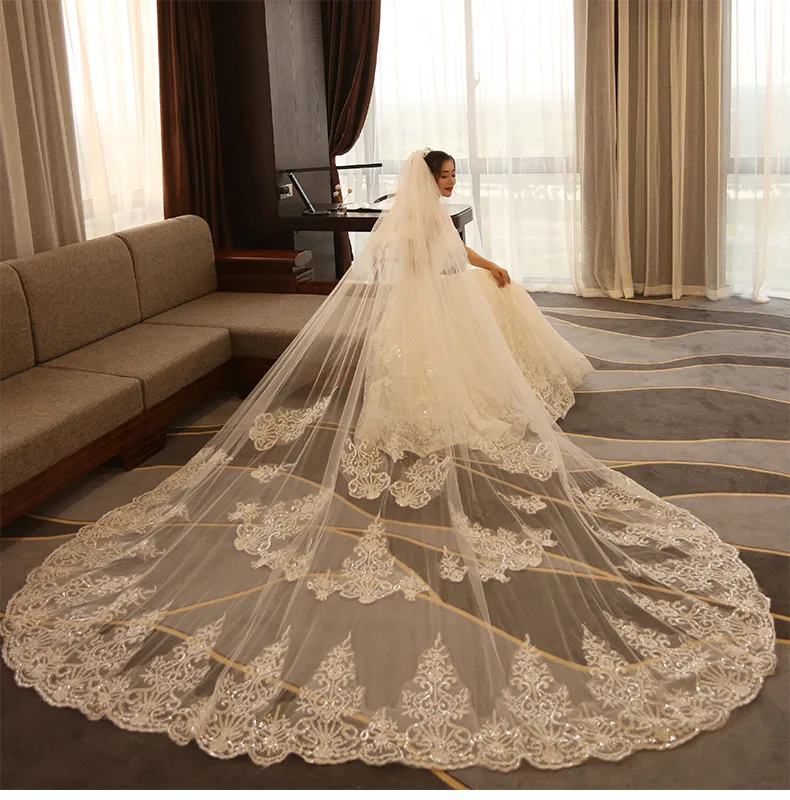 Shining Sequined Wedding Veils 3M Long Chapel Length One 