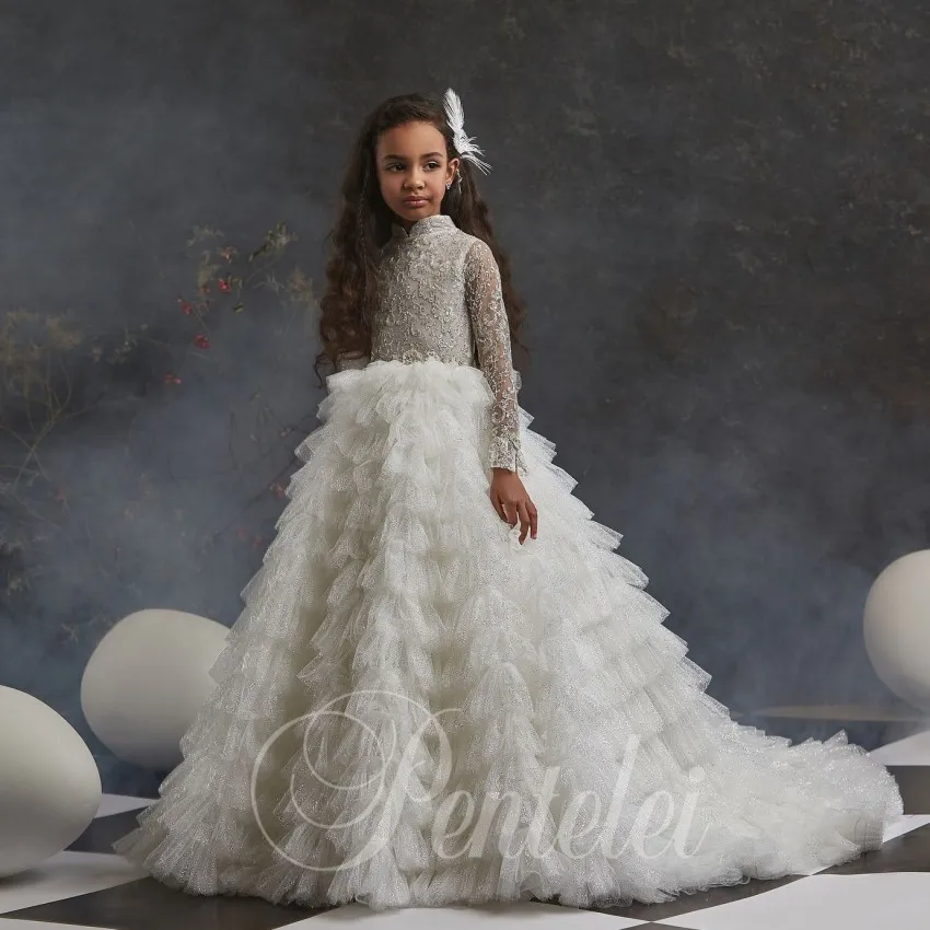 Mousserande långa ärmar spetsblomma flicka klänningar för bröllop hög nacke sequined toddler pareant gowns tulle tiered barn prom klänning