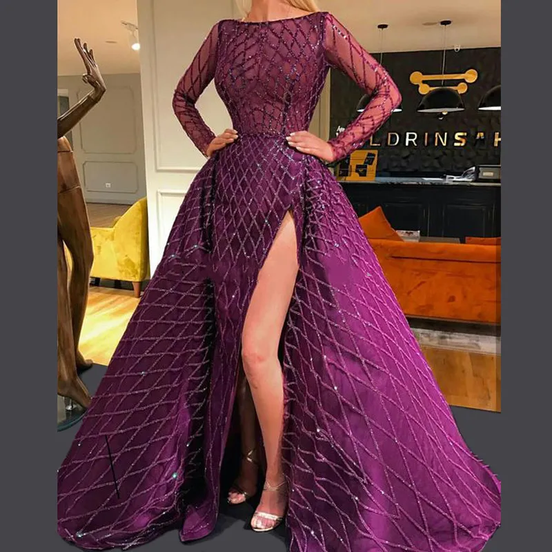 Robe de bal violette avec traîne détachable, manches longues, fente latérale, surjupe, robe formelle, nouvelle collection 2021