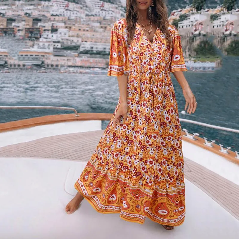 2020 moda Summer Sundress Women Long Maxi Vestidos Floral Printed Bohemian Dress Ladies Casual Long Tunika