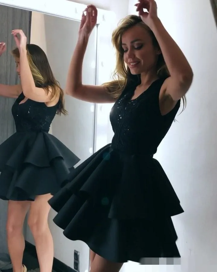 graduation dresses for moms A Line Square Neckline Beads Black Homecoming Dress with Pockets Short Graduation Dress US12 / Black