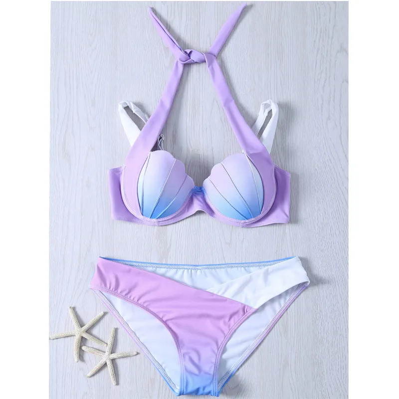 Fashion-2017 Heißer Sommer Meerjungfrau Bikini Westlichen Stil Frauen Bikinis Farbverlauf Rampe Farbe Sexy Shell Badeanzug Niedrige Taille Badeanzug