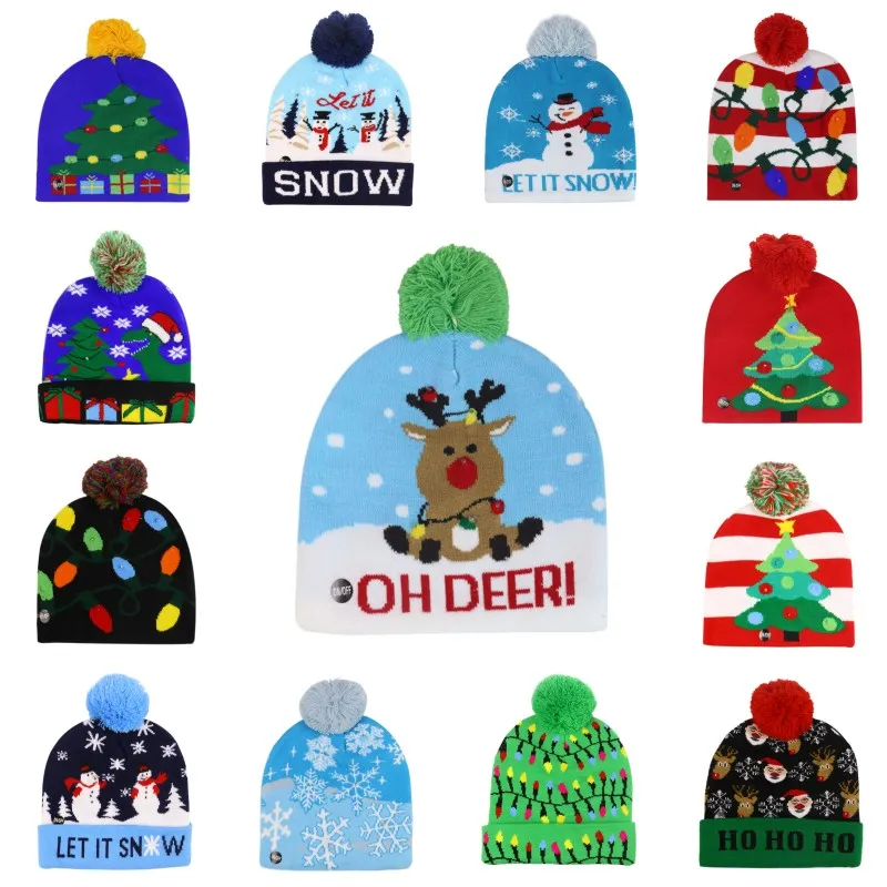 LED LED BOVEL HAT Zimowa ciepła czapka Sweter Krzyny Nowy Rok Świąteczny Święto Błyskawiczne szydełkowe czapki