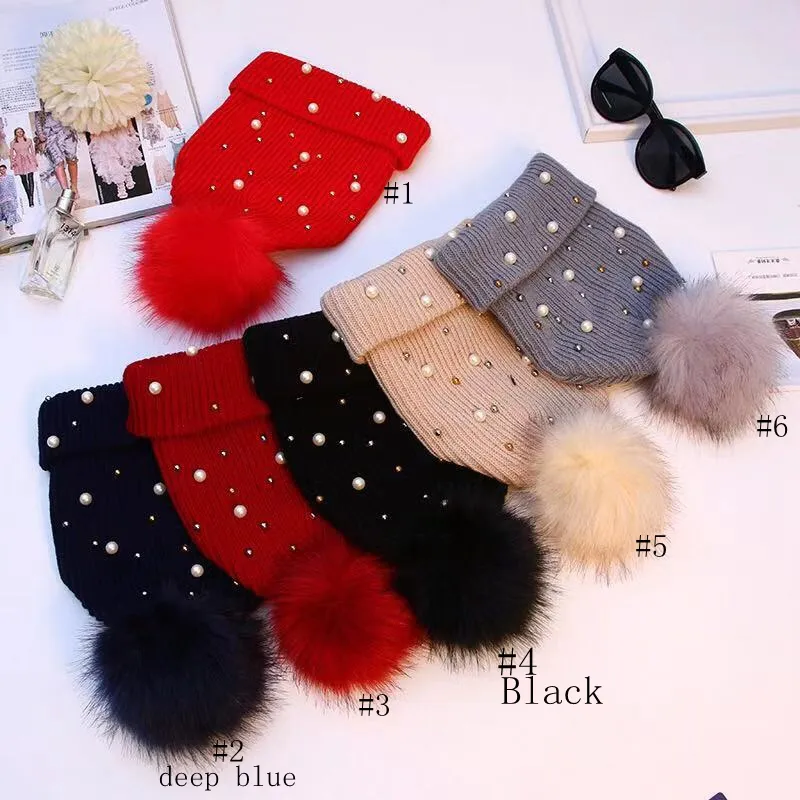 Peal Knit Hat Fashion Knitted Hats With Beads Thick Warm Winter Cap Soft Stretch Pom Poms Beanies Women's Skullies Caps GGA2965-4