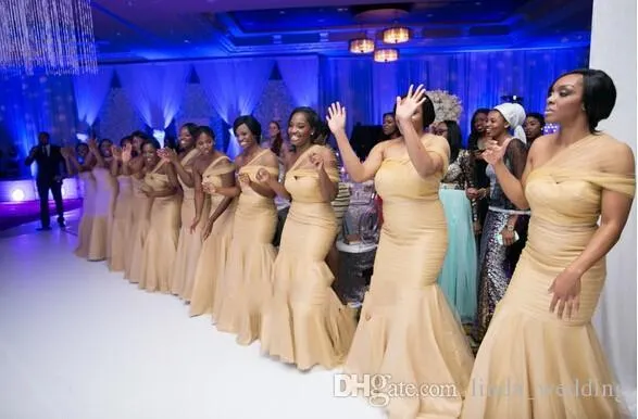 Champagne One Shoulder Mermaid Metallic Gold Bridesmaid Dresses - 2019 Formal Party Guest Gown for Country Garden, Maid of Honor, Plus Size Custom