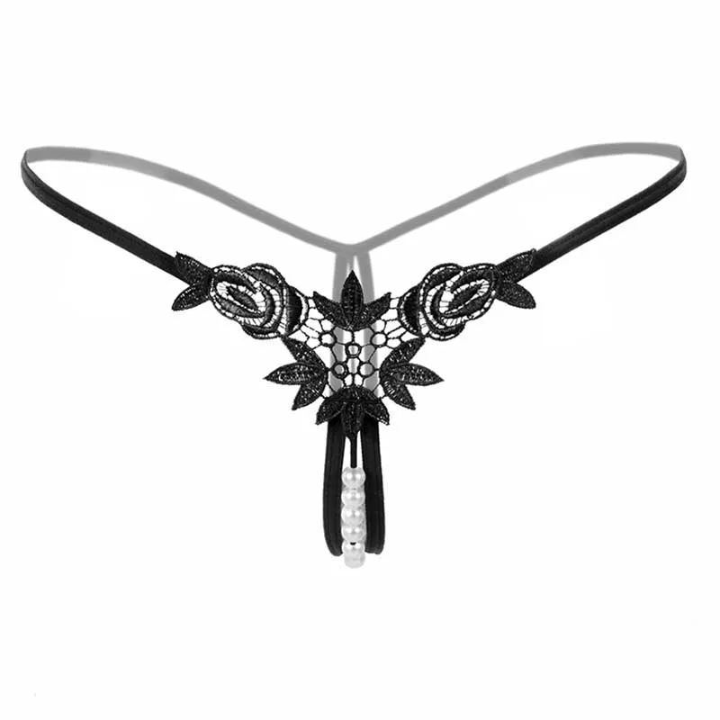 Flor con perlas Tangas Mujeres Sexy G String Ropa interior Ropa interior Tangas Lencería erótica Bragas transparentes sin entrepierna abierta nave de la gota