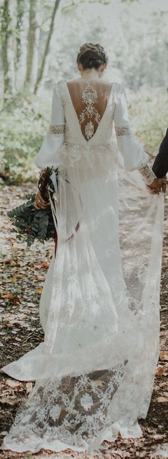 Vintage Hippie Boho Lace Maxi Dress with Long Sleeves and Lace Chiffon for Country Beach Bohemian Wedding - Vestido de Novia