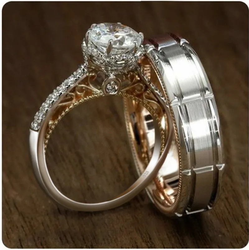 2019 Nova Chegada Casal Anéis de Luxo Jóias 925 Sterling Prata Rodada Corte Branco Topázio CZ Diamond Party Mulheres Casamento Banda Anel para Homens Presente