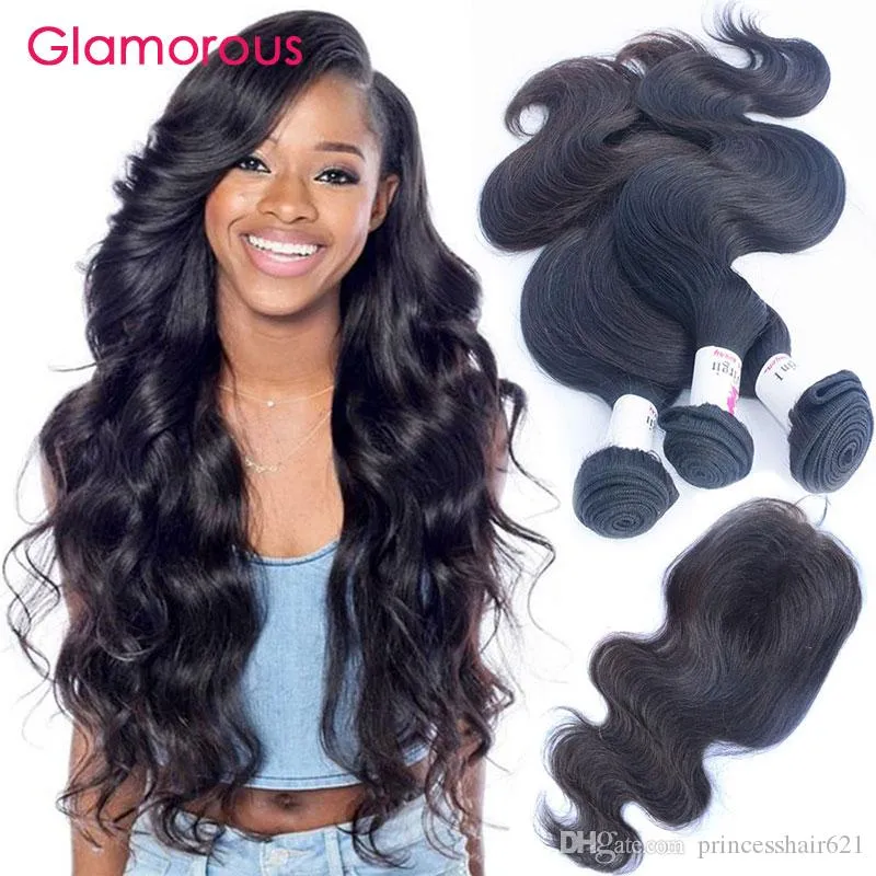 Glamorous 4x4 Lace Closure With 3 Bundles Wholesale Peruvian Indian Malaysian Brazilian Body Wave Virgin Human Hair Weave With Lace Closure