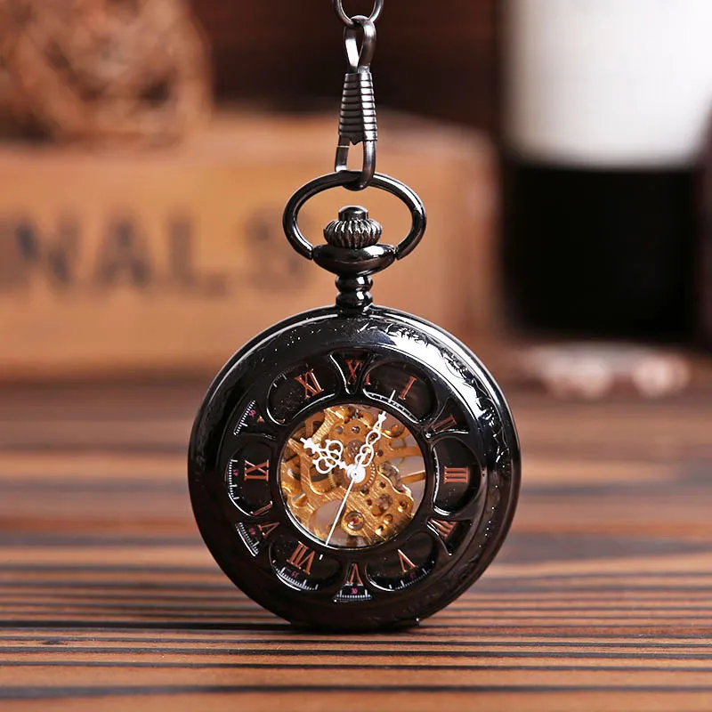 Mens Perspective Hollow Mechanical Roman Steampunk Pocket Watch