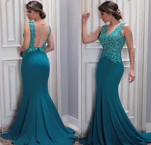 Teal Blue Embroidery Lace Beaded Formal Dress Evening Cheap 2021 Sheer Cap Sleeve Mermaid Prom Dress paolo sebastian Evening Gowns For Women