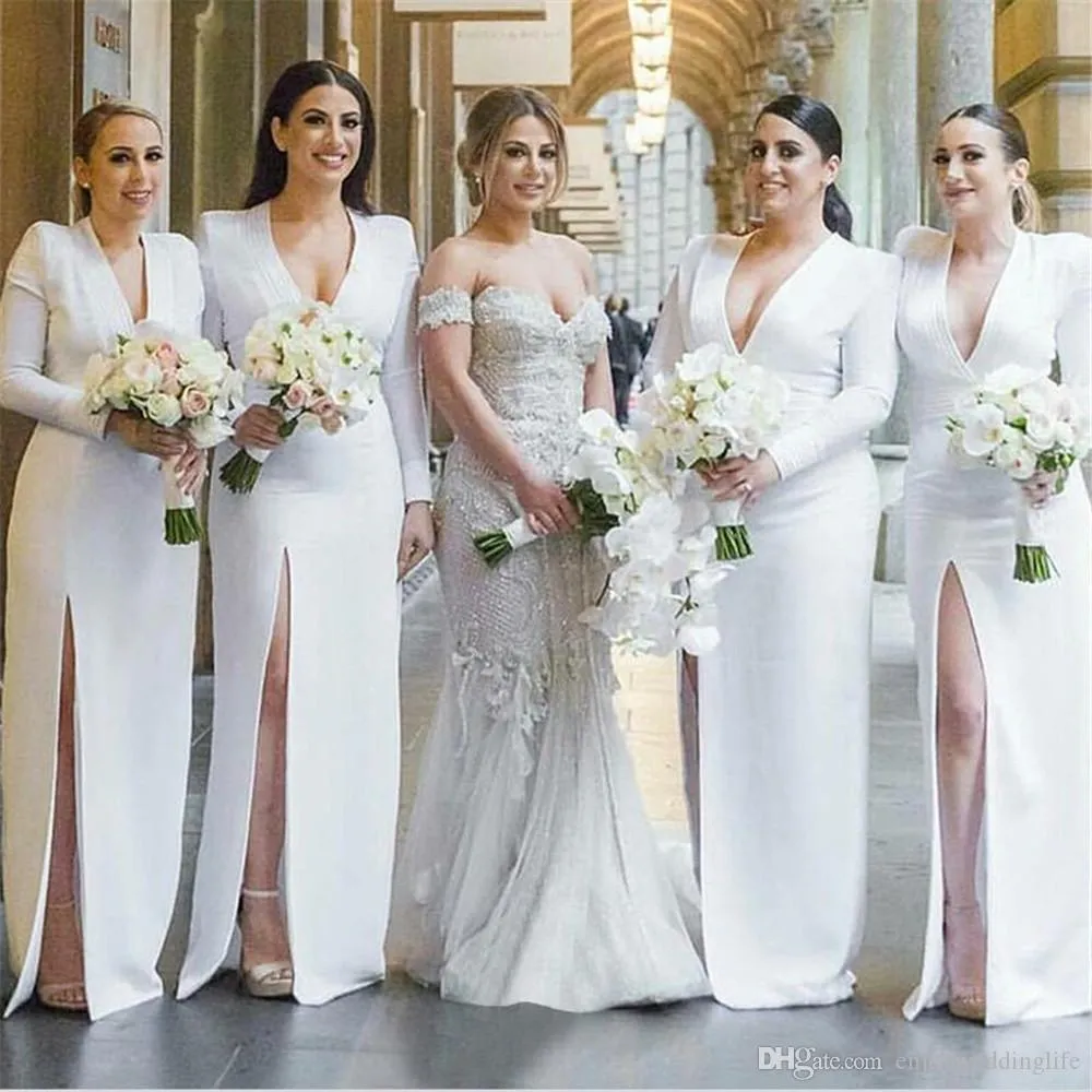 Abiti da damigella d'onore sottili e stupefacenti sexy con scollo a V tubino stile alta spacco manica lunga abito da sposa in raso bianco abito da donna di alta qualità