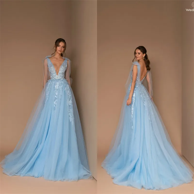 2020 Light Sky Blue Cheap Evening Dresses Sleeveless Sweep Train Appliqued Hot Sell Prom Dress Sexy Backless Custom Made Party Gown