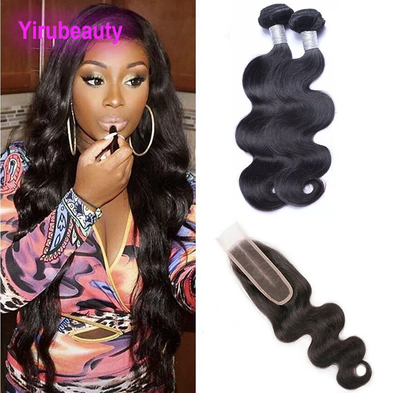 Body Wave 2 Bundels Met 2X6 Vetersluiting Baby Haren Indian Raw Virgin Hair Extensions Inslagen Met Sluitingen Middelste Deel 10-28 inch