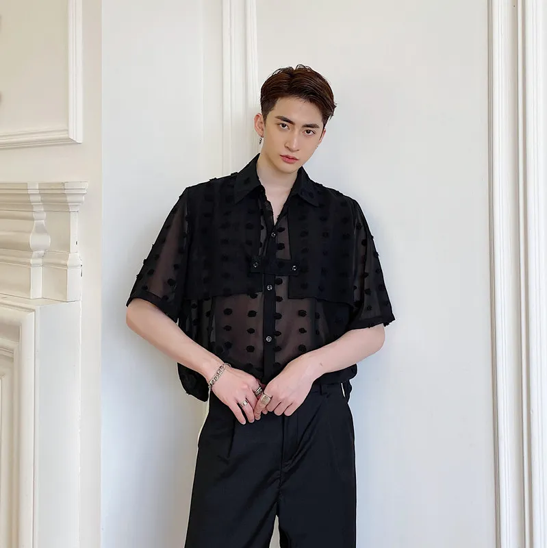 Camisas Para Hombre Men Dots Casual Short Sleeve Translucent Thin