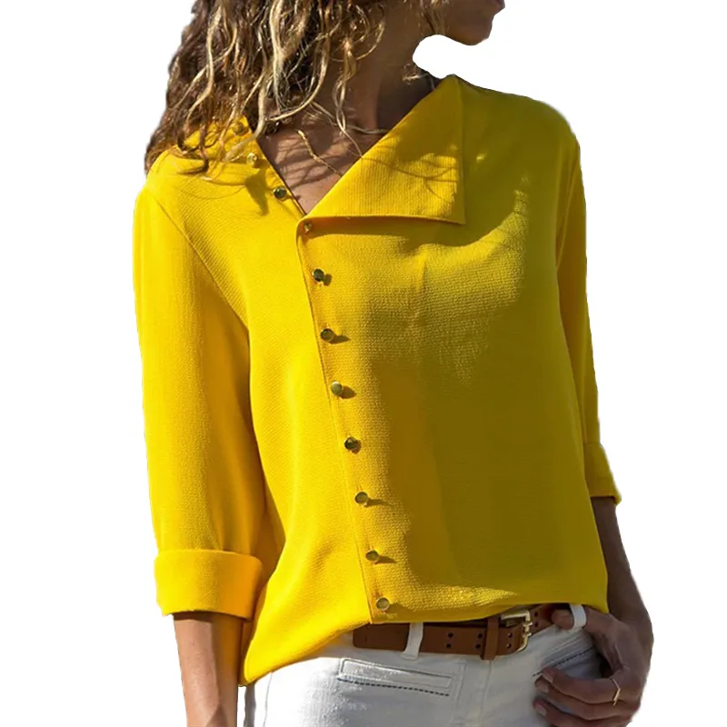 Ehuanhood 2019 Verão Botão de moda amarelo camisa branca das mulheres Tops manga longa blusas Túnica Escritório Chemise para Roupas Feminina Y190510