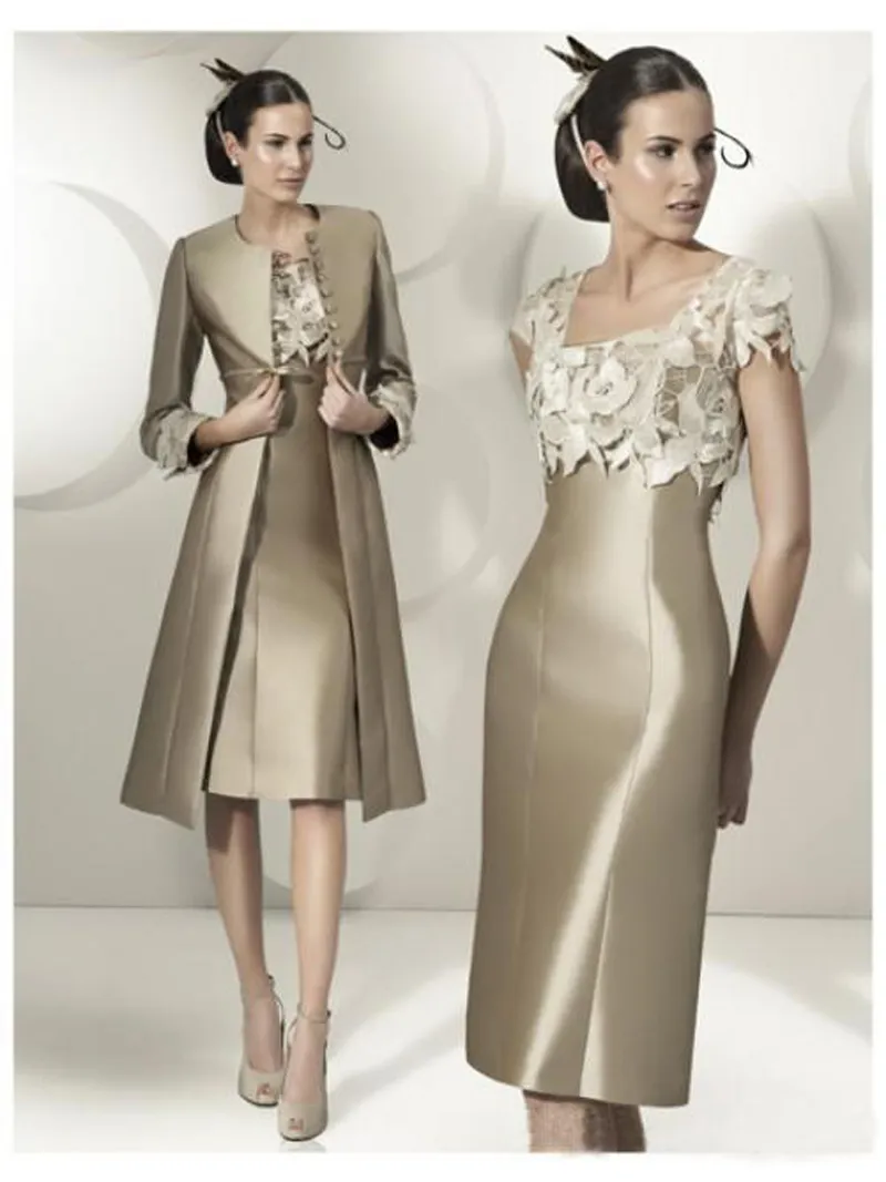 Hot Sale Elegant Sheath Party Dress Lace Satin Mother Of The Bride Dress Knee-Length Dress With Jacket