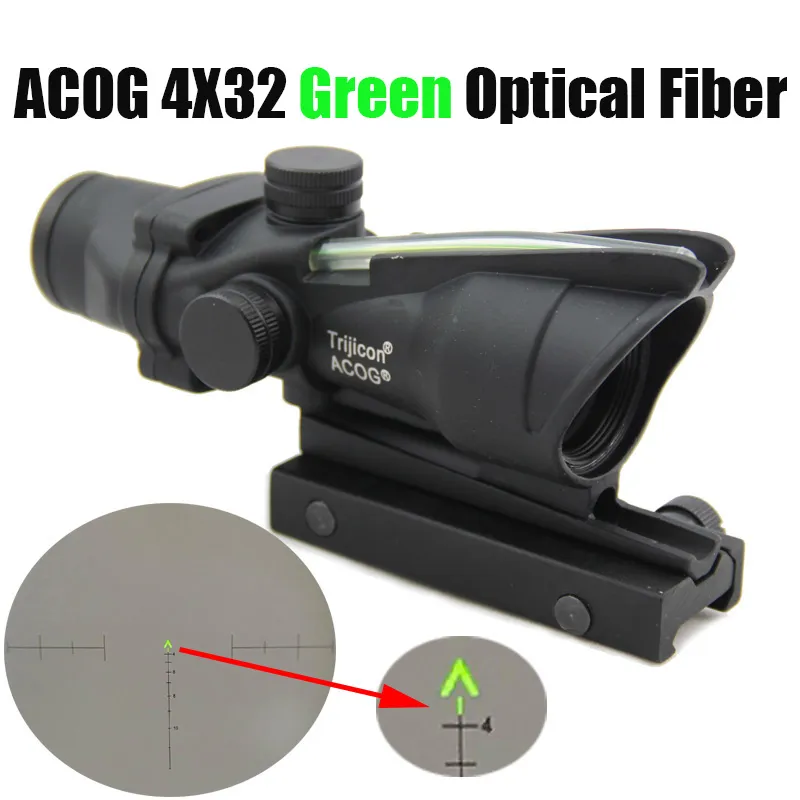 Acog Tactical 4x32 Fiber Optics Green Dot Illuminated Rifle Scope Chevron Glass Etched Reticle