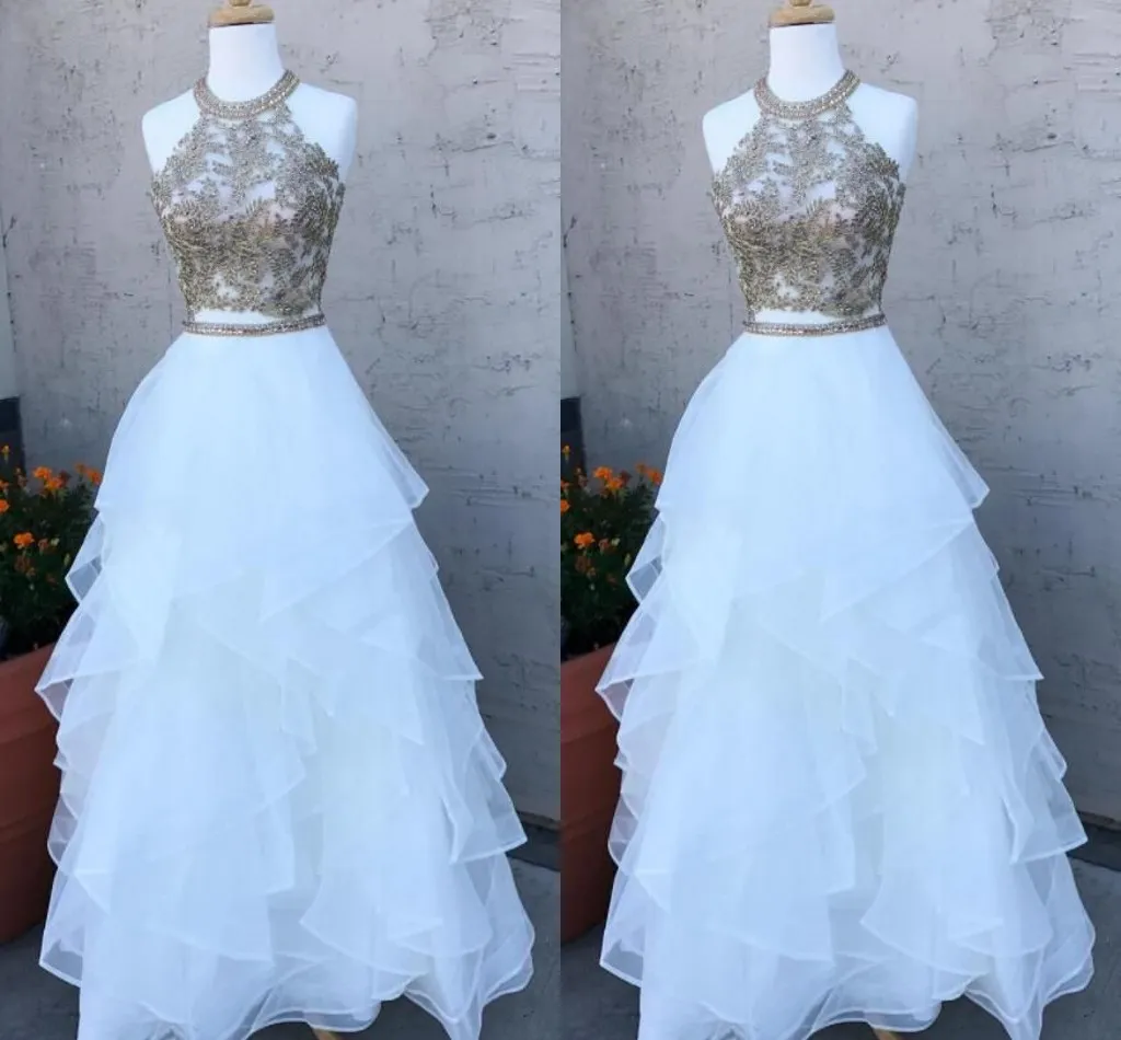 2 sztuki Prom Dresses 2019 Ruffles Gold Lace Aplikacja Zroszony Kryształ Wysokiej szyi Hollow Powrót Suknie Wieczorowe Elegancka Formalna Sukienka Graduation