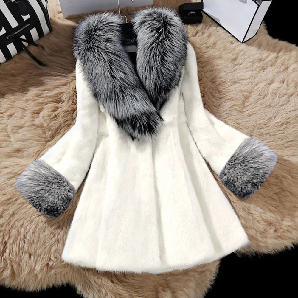 Mode hiver manteau chaud femmes long article de manteau imitation Mink Fox Cap causales Automne Femme Manteau Outwear