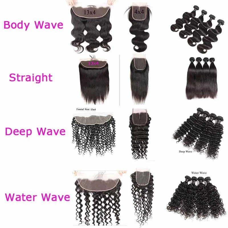 Pacotes de cabelo brasileiro com fechamento frontal onda corporal em linha reta Remy profunda águas soltas ondas de cabelo humano weaves com 4x4 lace fechamento